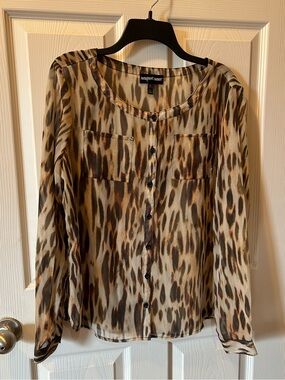 Newport News Large Leopard Print Button-Front Sheer (See-Through) Blouse NWT